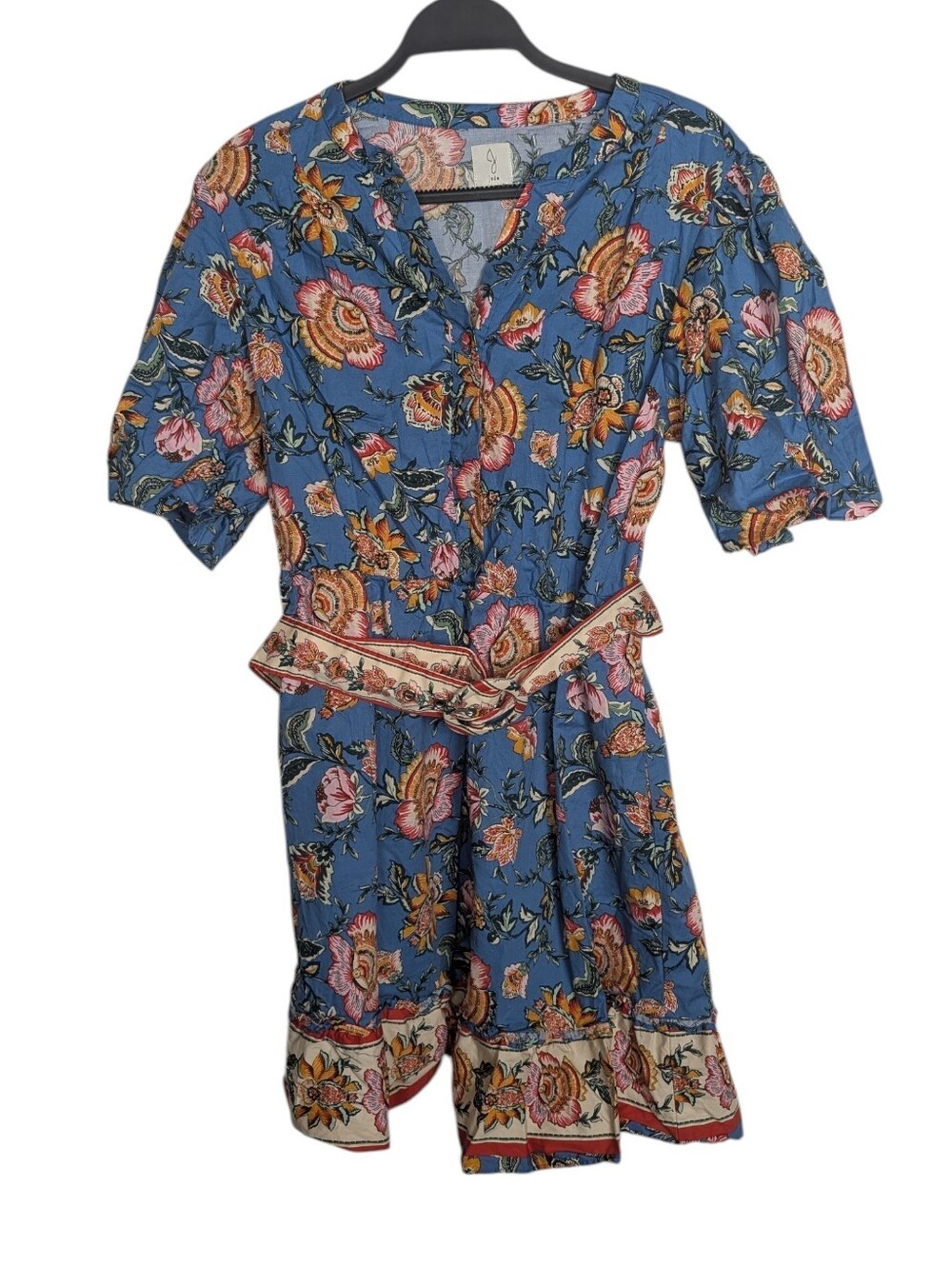 Joie Baja Floral Bohemian Puff Short Sleeve Belted Mini Dress Size Medium
